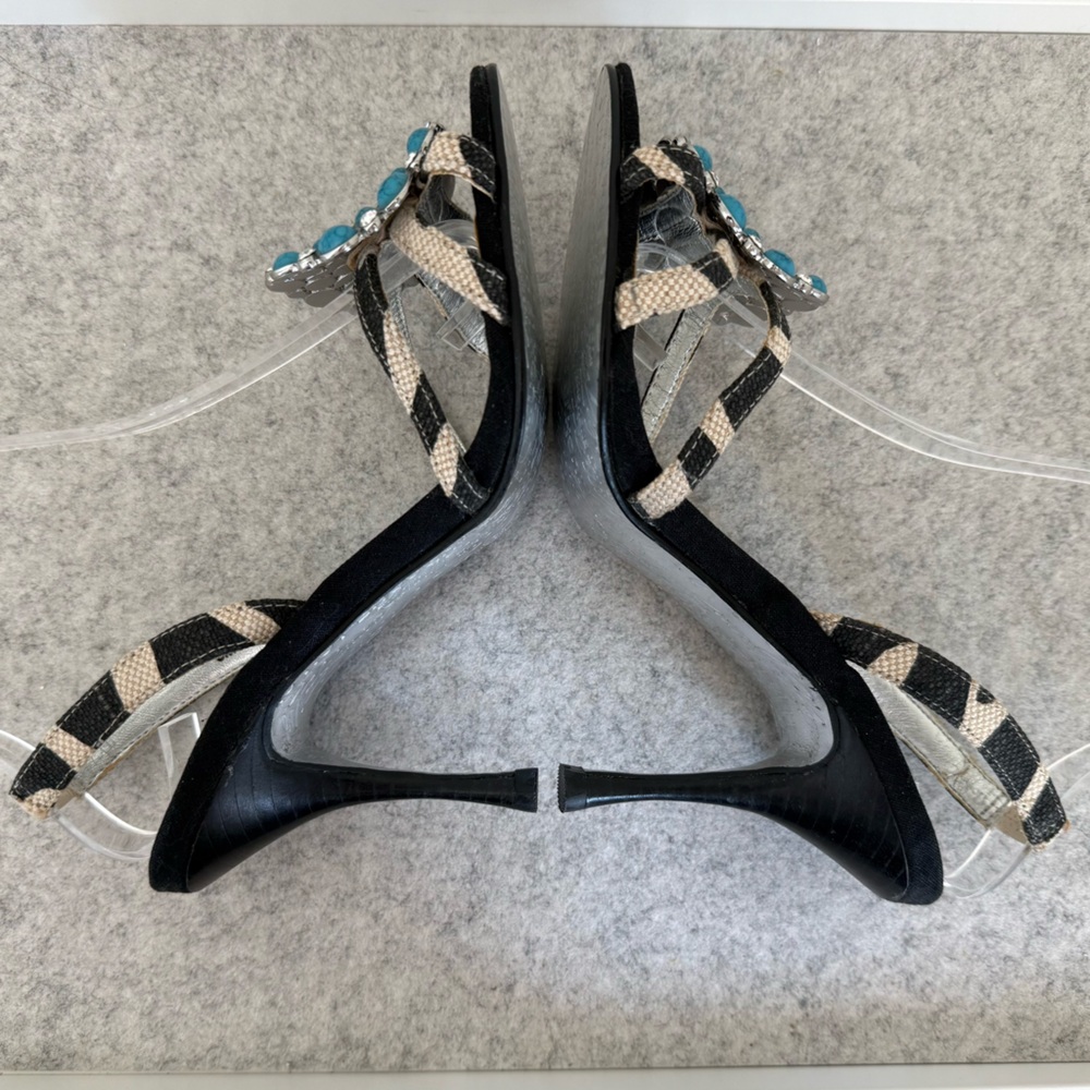 Beverly Feldman Chic Turquoise Embellished Slingback Heels Sz 6 Heeled Sandals - Picture 3 of 12